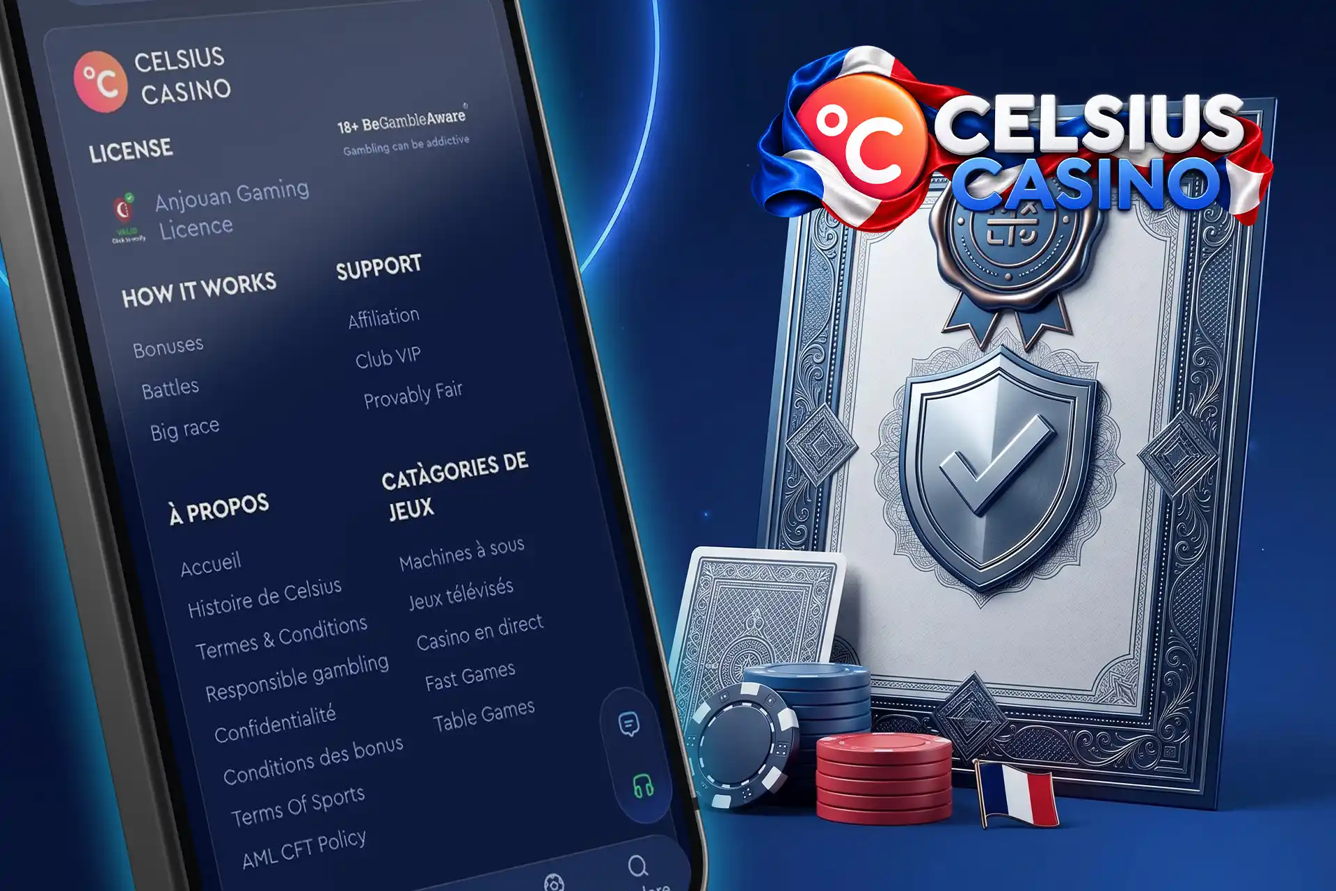 Informations sur la licence légale et la sécurité de la plateforme, illustrées par un bouclier argenté, un certificat de conformité et des jetons de jeu