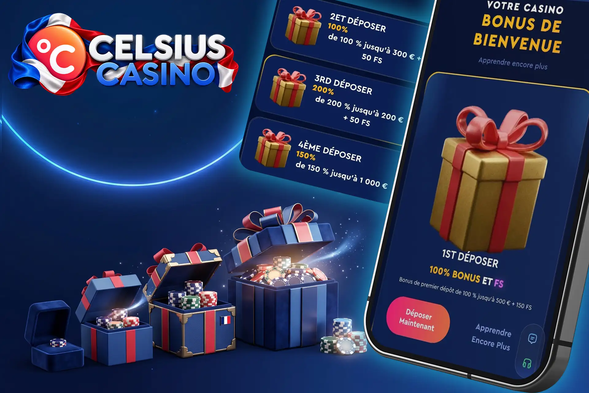 Détails du package de bonus de bienvenue sur Celsius Casino pour les différents dépôts, accompagnés de plusieurs boîtes cadeaux contenant des jetons
